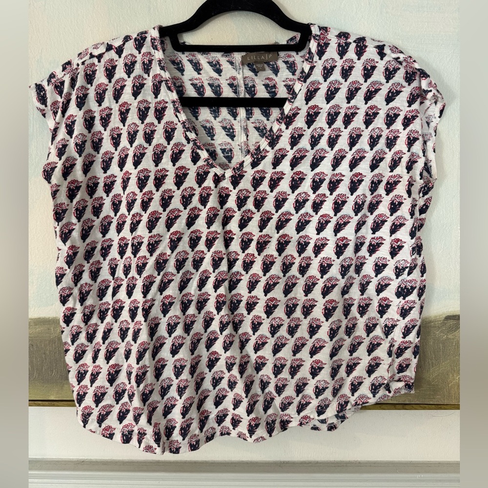 LILLA P Blue White And Pink Block Print Loose Fitting Tee Size Small